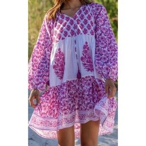 NWT Bindu Leti Pink Mini Boho Cotton Dress Size XS Festival Beach Vacation